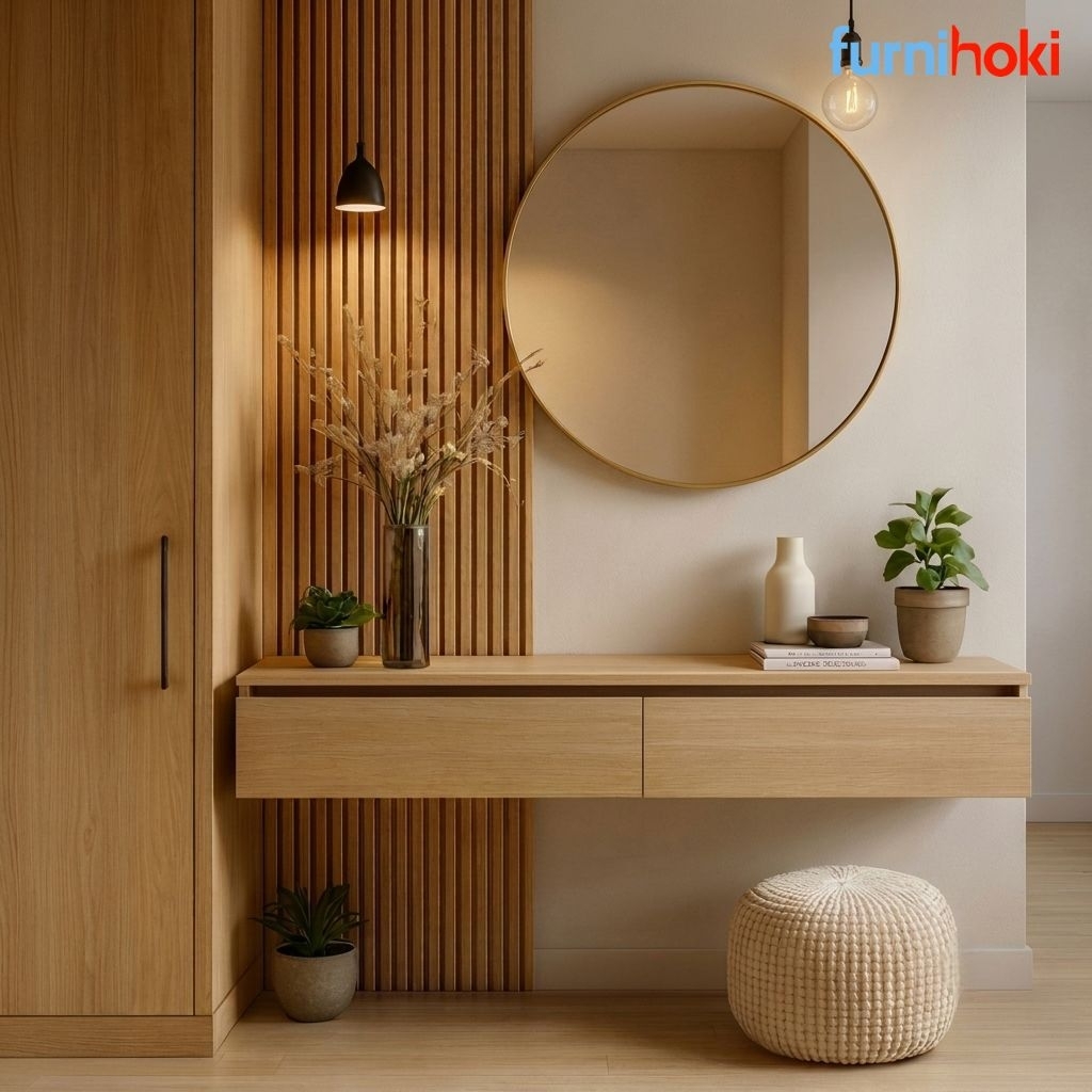 Meja Rias Gantung Minimalis 2 Laci Tempel Dinding Plywood Rel Double Track – FurniHoki