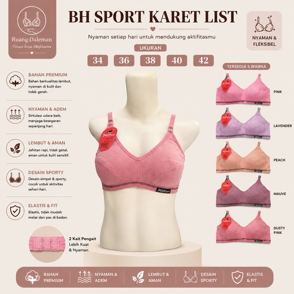 RD Sport Bra KARET LIST, Bra Tanpa Kawat, Sport Bra Tanpa Kawat, Karet List