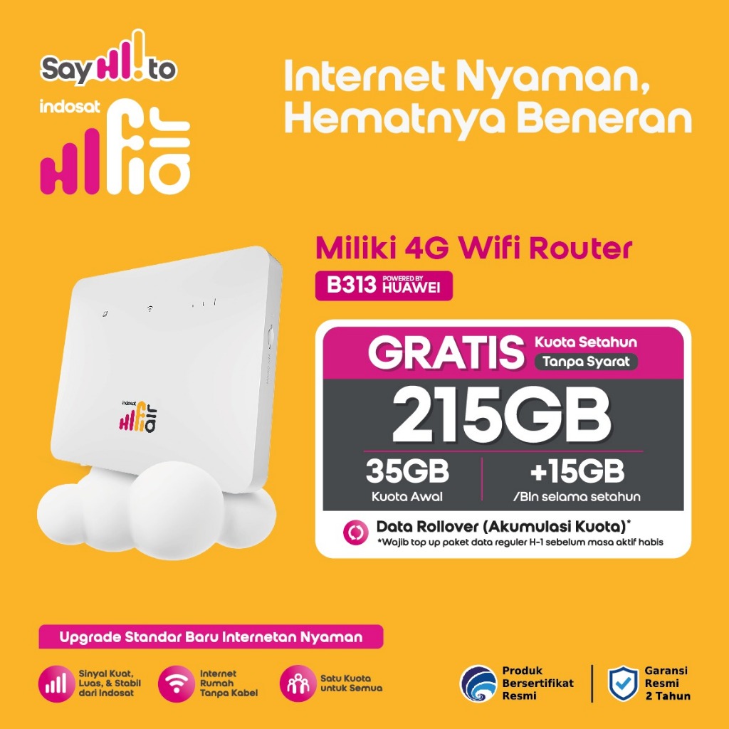 Modem Wifi 4G Indosat Hifi Air B313 - 50GB, LTE Cat4, 32 Perangkat