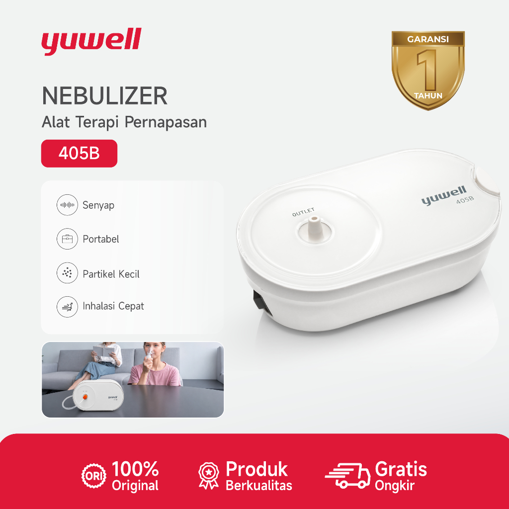 Yuwell 405B Nebulizer Alat Terapi Pernapasan Putih, Senyap, Portabel, Partikel Kecil