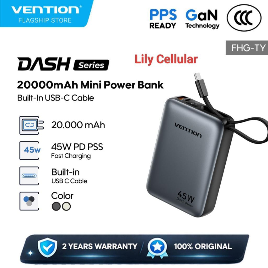 Powerbank Vention 20000 mAh Dash Series  45W terverifikasi CCC Built in Cable -FHG