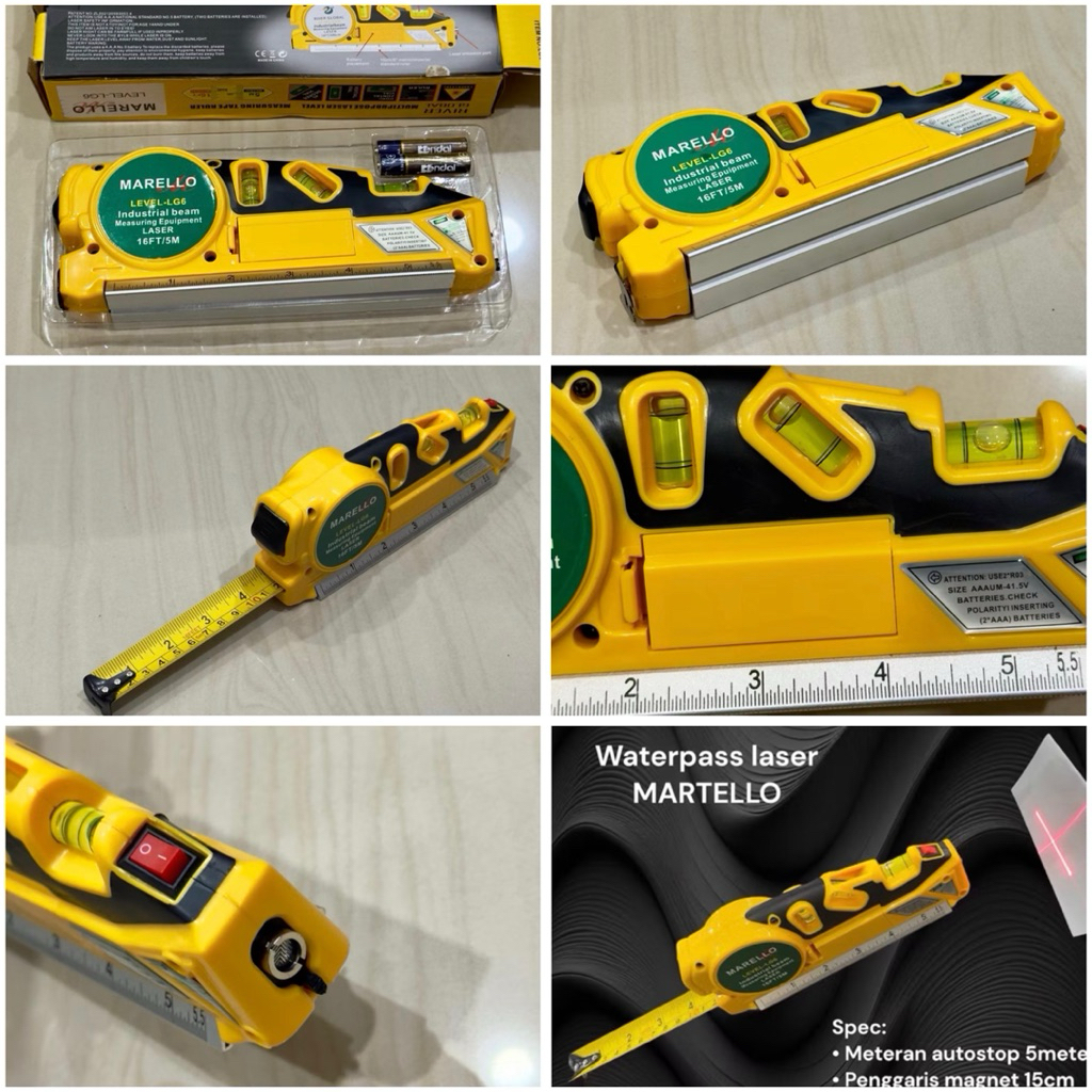Waterpass LASER 3 arah MARTELLO asli ori LENGKAP meteran 5meter autostop + pengaris rol magnet 15cm 