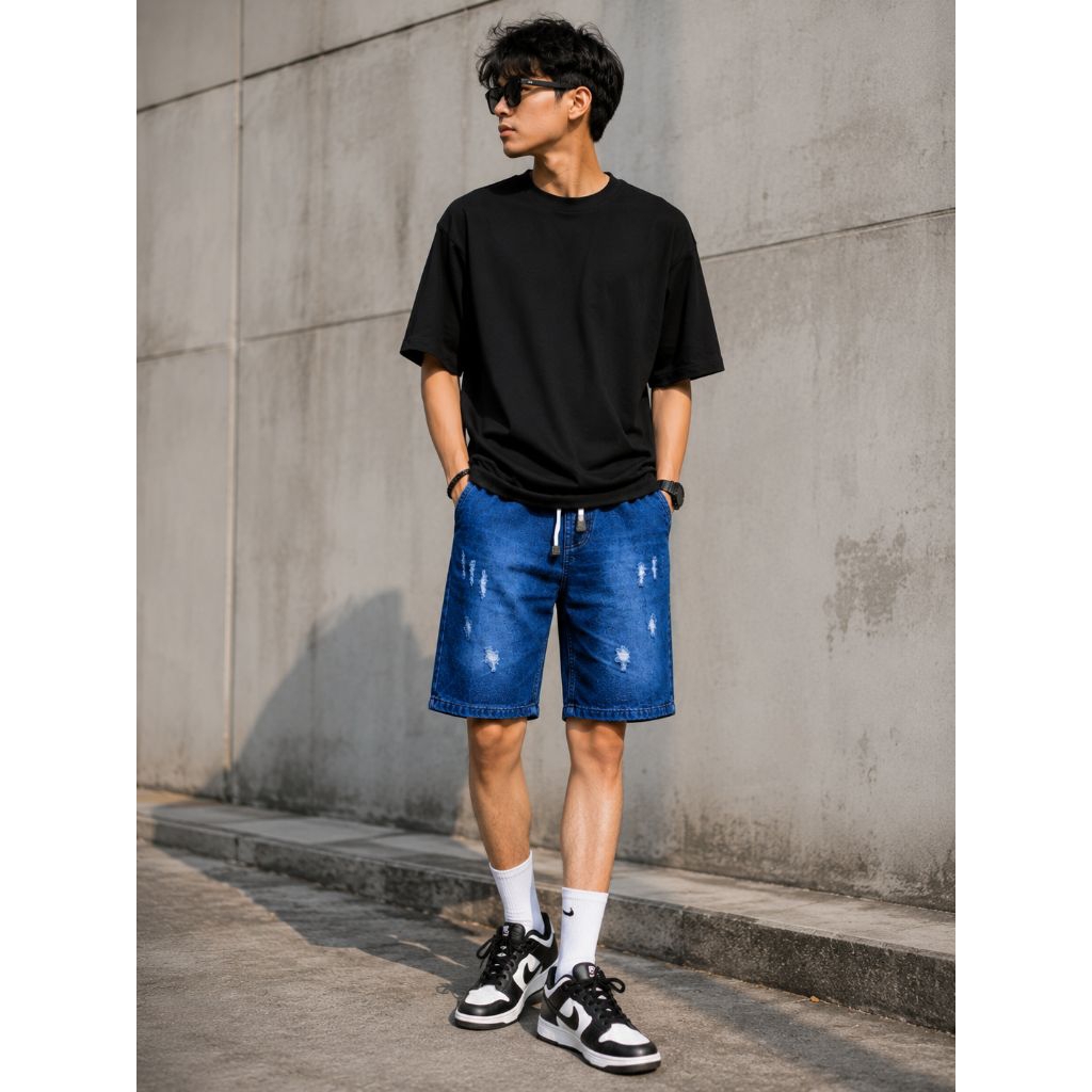 CELANA JEANS LIGHT BLUE PENDEK PRIA IMPORT DAN CELANA SOBEK PRIA BOARD SHORT PANTS RIP KOLOR