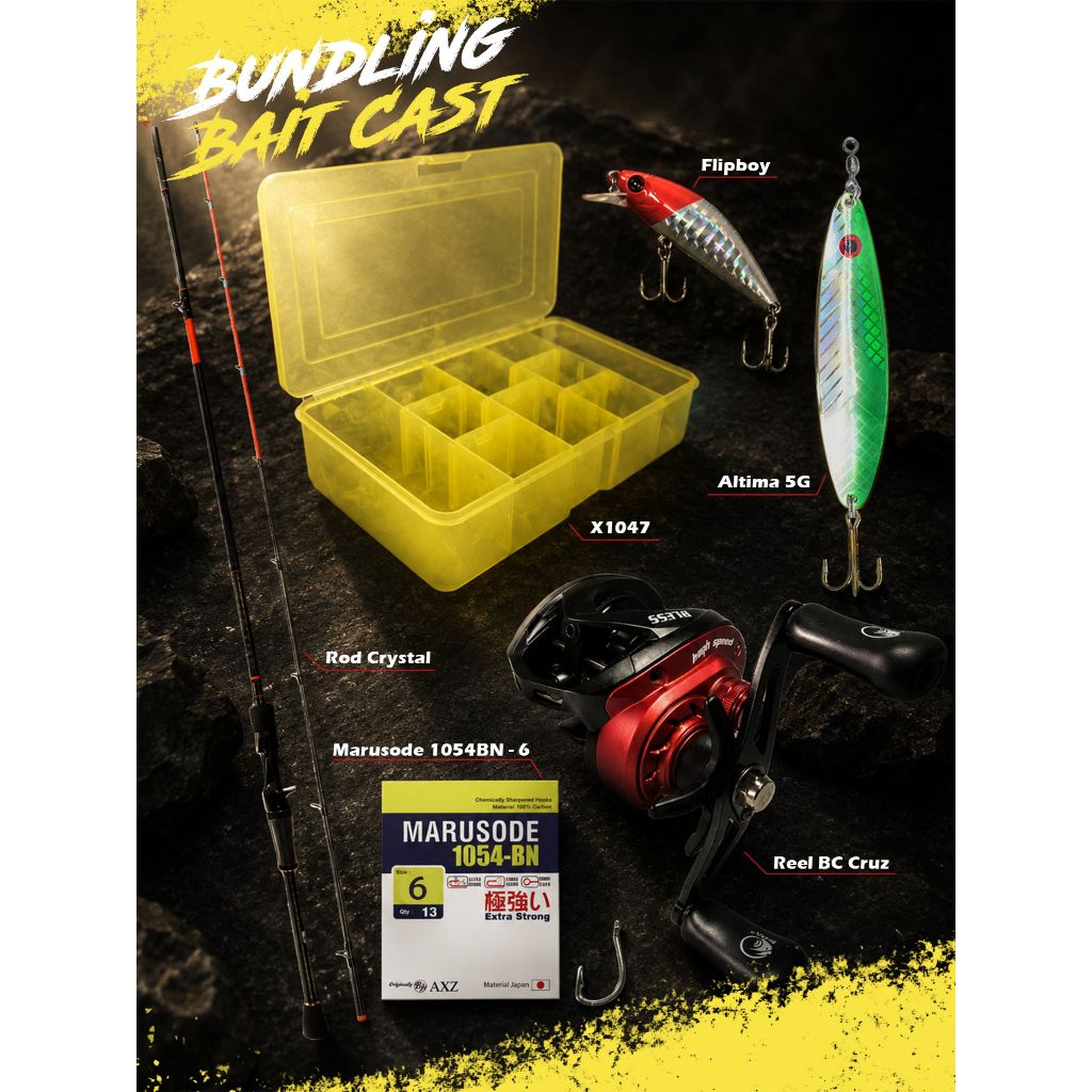 Paket Mancing Casting Lengkap Pemula & Pro Reel Baitcasting Cruz Joran Crystal Spoon Altima Box X104