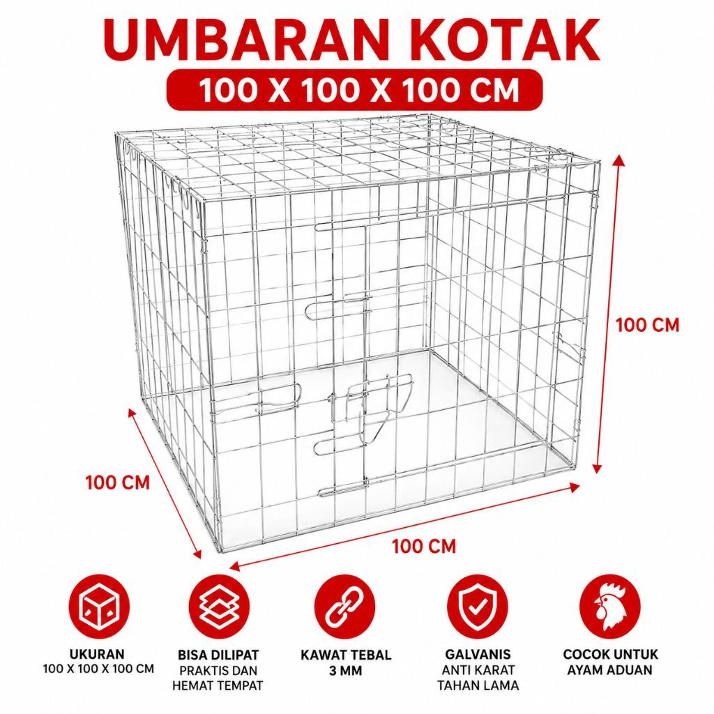 Kandang Umbaran Lipat Galvanis 100x100x100 cm Kawat 3mm Anti Karat Kandang Ayam Bebek Burung Kelinci