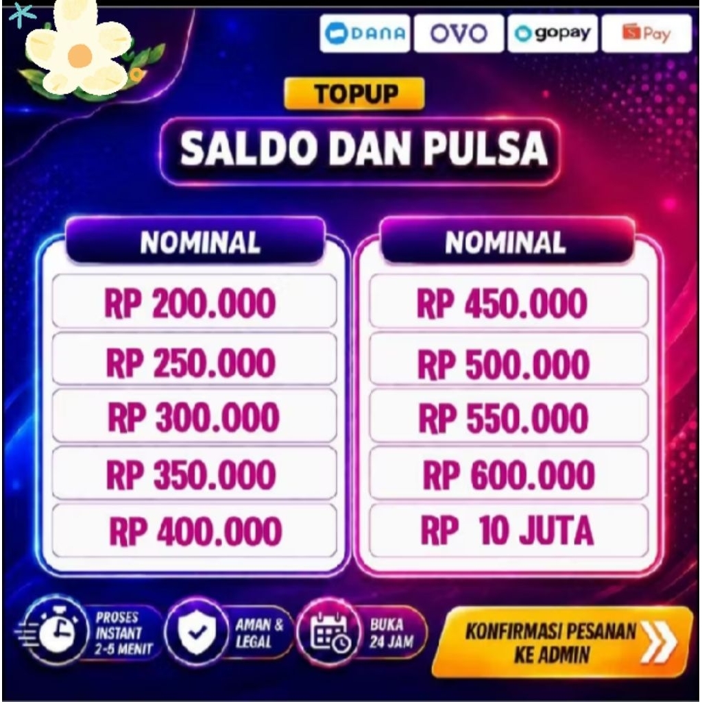 Termurah  Isi Ulang Top Saldo Pulsa Mulai Dari 200k/ 200 Ribu
