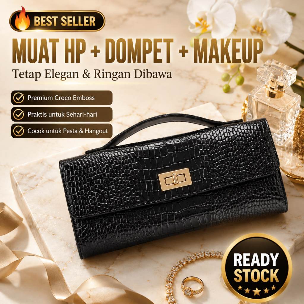 Long Clutch Croco Tas Clutch Wanita Croco Emboss Elegan Formal Casual