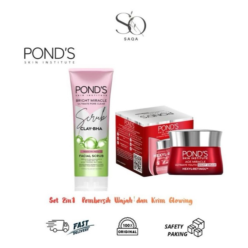 Ponds 2in1 Scrub Clay-BHA & Hexyl-Retinoid Krim Glowing Set Pembersih Wajah dan Krim glowing