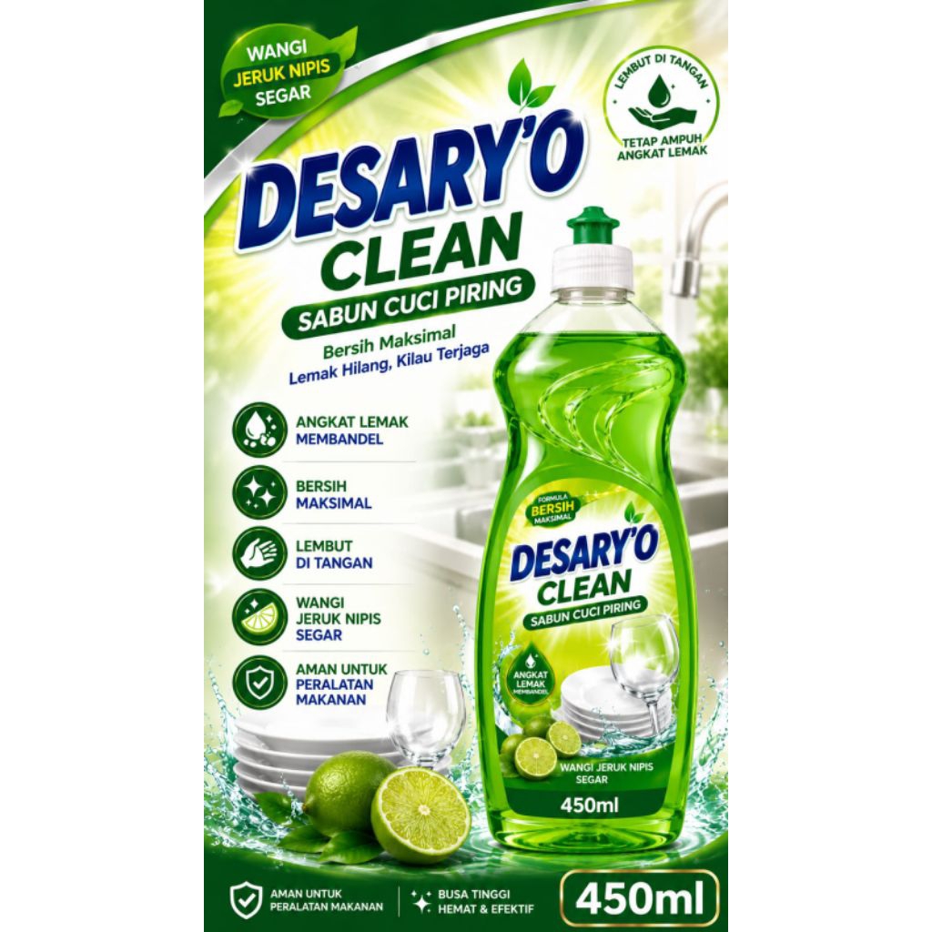 desary' o clean sabun cuci piring nersih maksimal 450ml dan 1liter