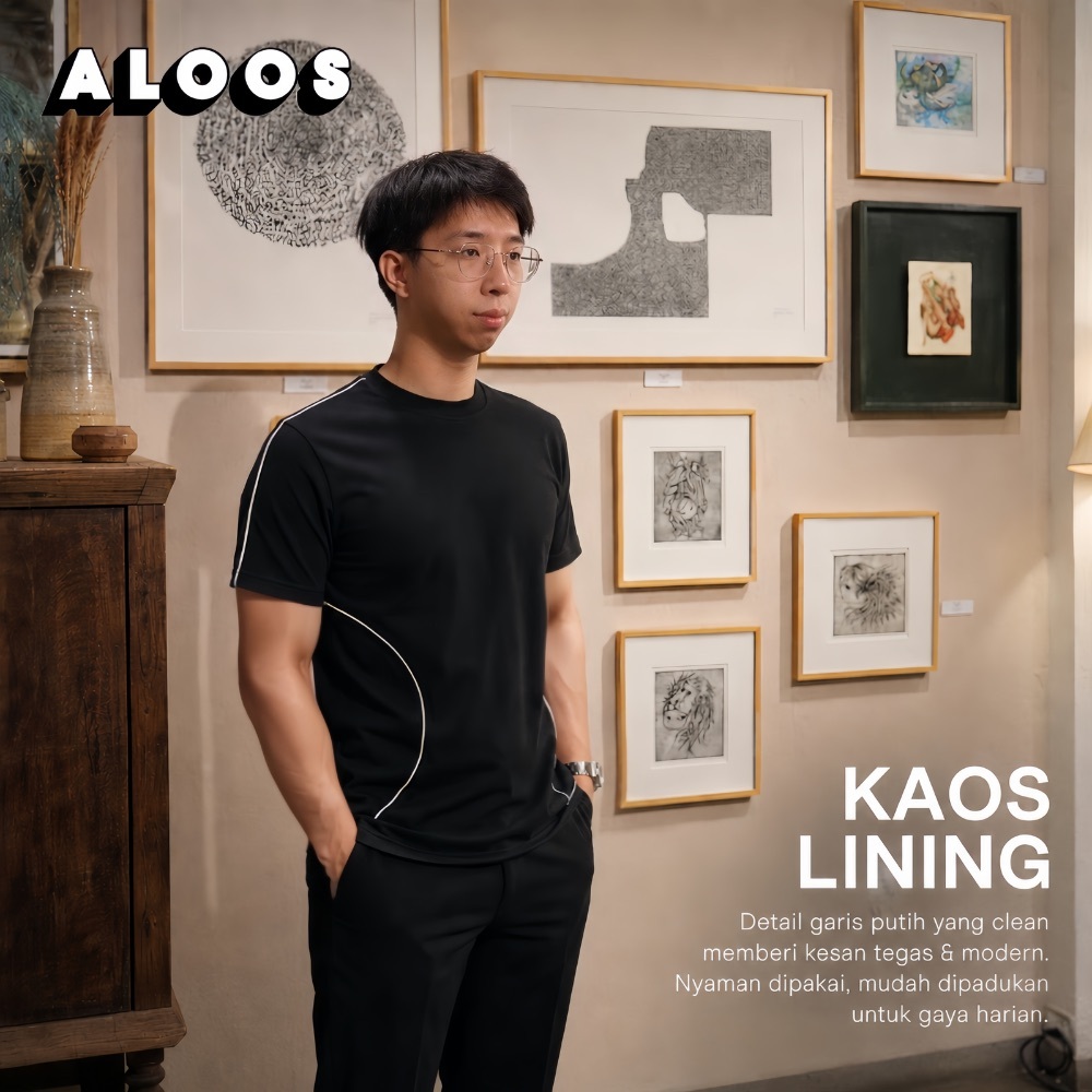 Aloos Kaos Pria Basic Modern Fit Hitam Lining Putih | T-Shirt Minimalis Casual Premium Baju Cowok Li