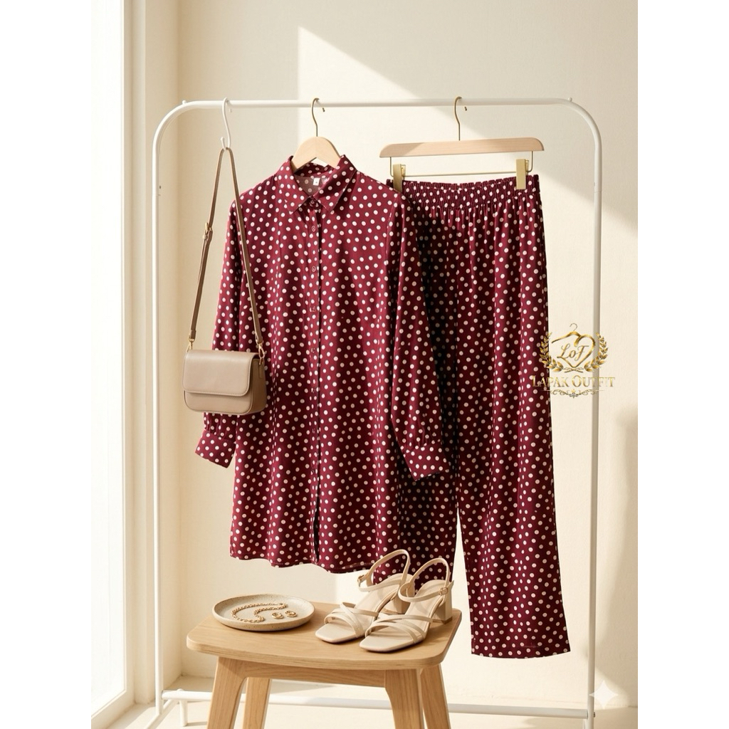 Set Tunik Kulot Rayon Premium Wanita All Size Jumbo LD 110 Motif Polkadot Adem Jatuh Kekinian