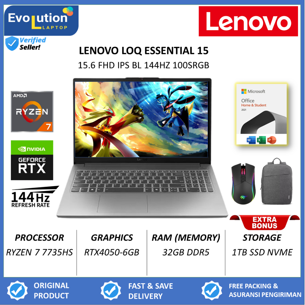 Lenovo LOQ ESSENTIAL 15ARP10E GeForce RTX™ 4050 6GB - RYZEN 7 7735HS 32GB 1TB 144HZ 100SRGB Win11