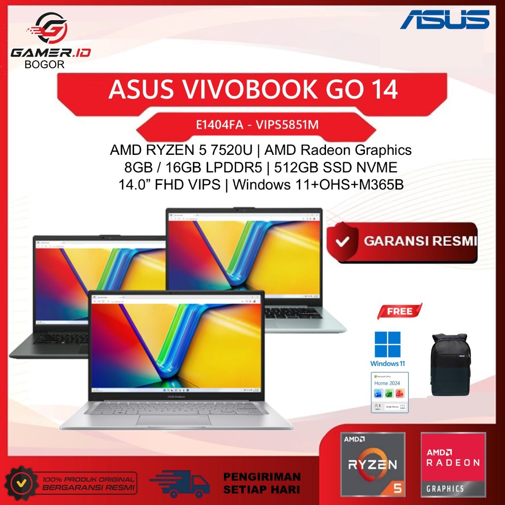 ASUS VIVOBOOK GO 14 E1404FA AMD RYZEN 5 7520U 8GB 512GB W11+OHS+M365B 14.0FHD VIPS VIPS5851M