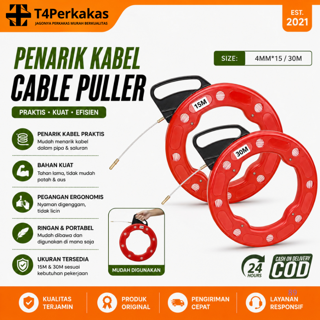 Fish Tape Penarik Kabel Gulung Nylon Cable Puller 30 Meter Fiberglass Conduit Penarik Kabel Dinding
