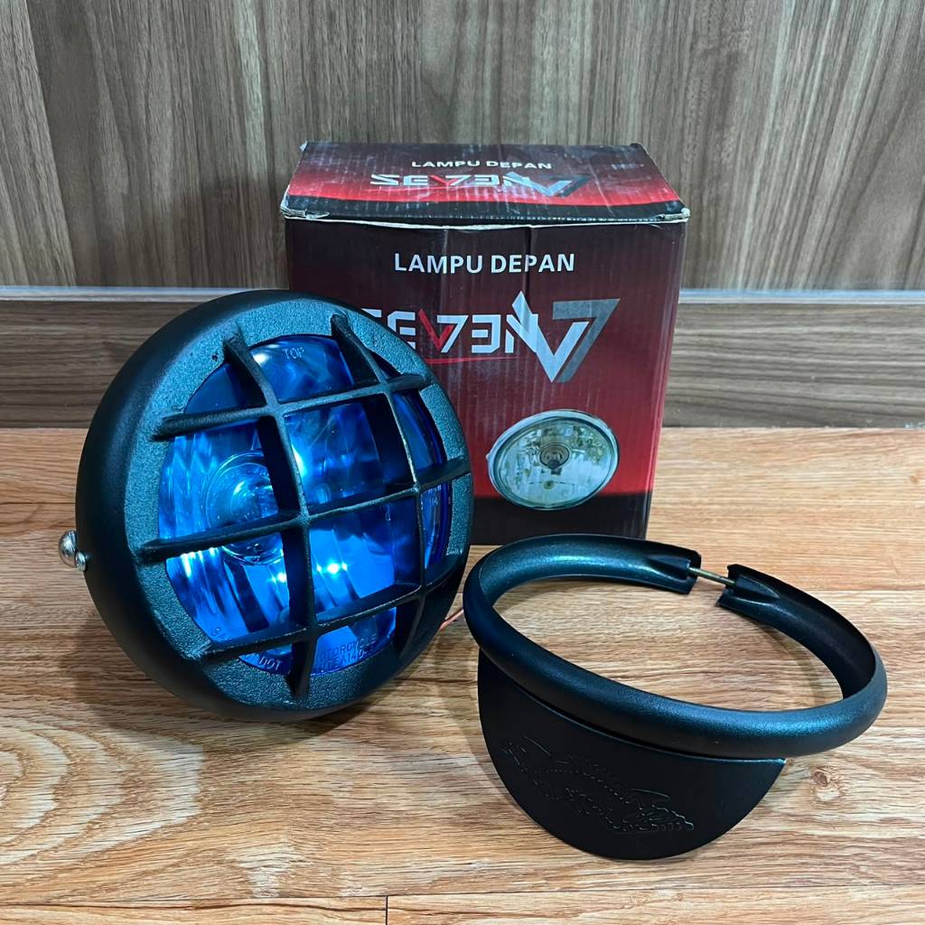 Reflektor Tralis CB Harley Thailand Lampu depan 5,75 inch Full hitam Kaca biru free topi Batok Jute 