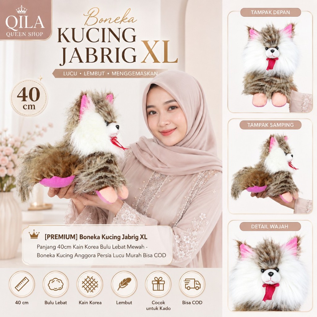 [PREMIUM] Boneka Kucing Jabrig XL Panjang 40cm Kain Bulu Panjang Lempat Mewah - Boneka Kucing Anggor