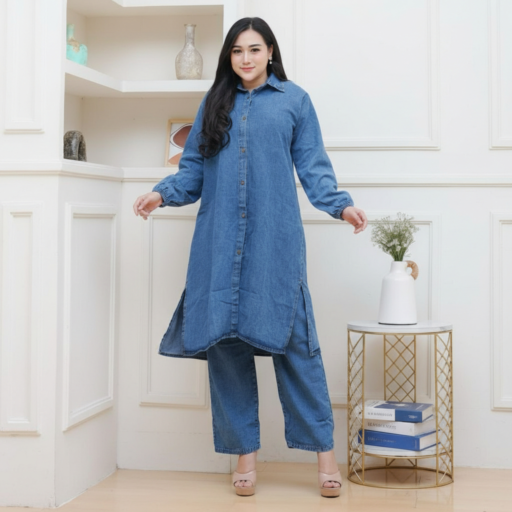 Jammie Setcel Tunik Jeans Premium Quality Setelan Celana Jeans & Tunik Panjang