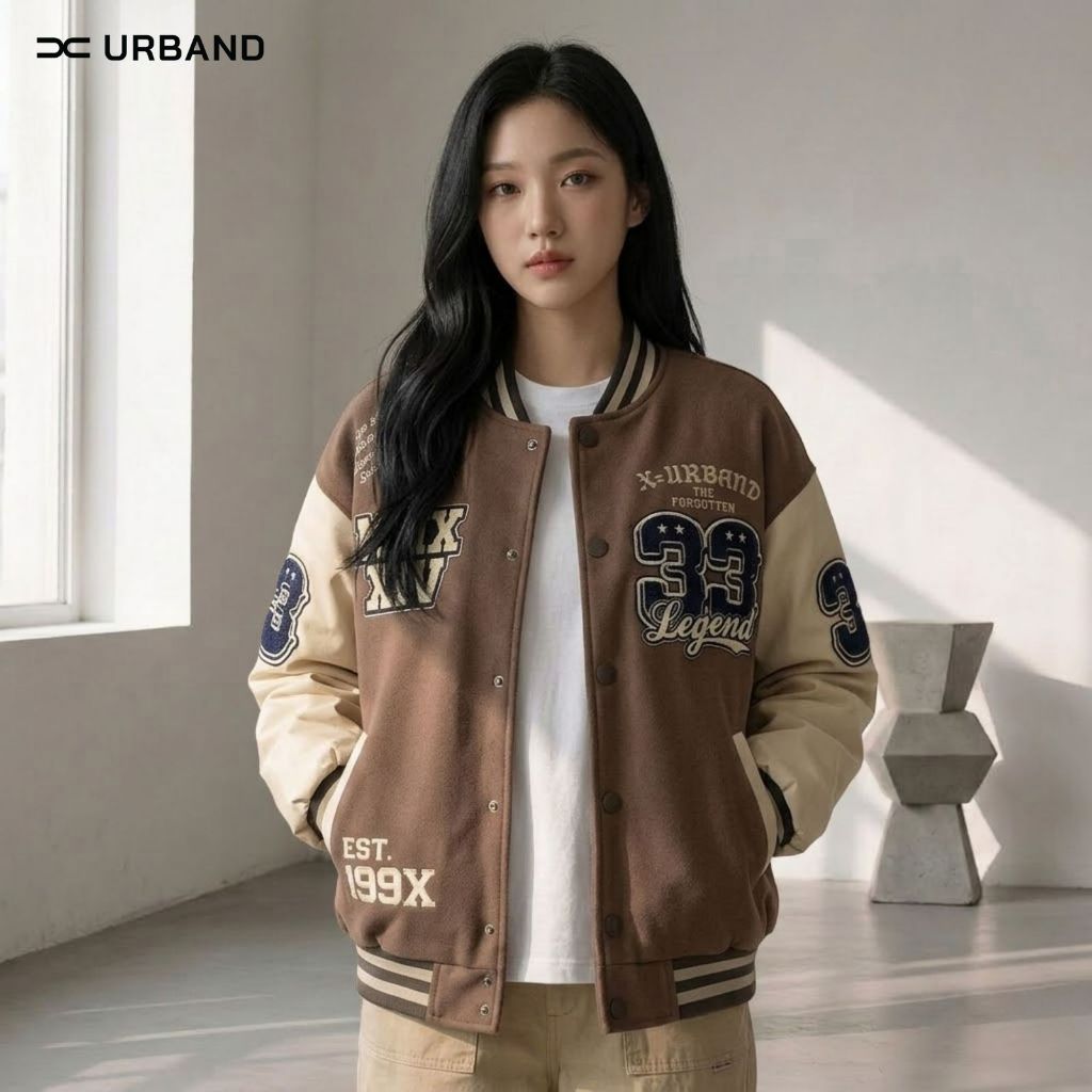 Jaket Varsity Wanita Vintage Fleece Bordir Baseball Street Style A503