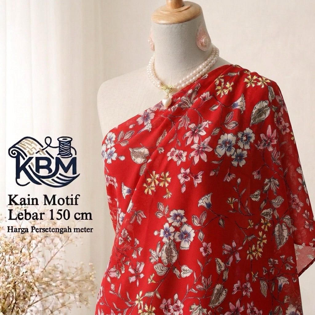 Kain Sifon Ceruty Babydol Motif Bunga Merah - Bahan Gamis & Dress Motif Bunga trc