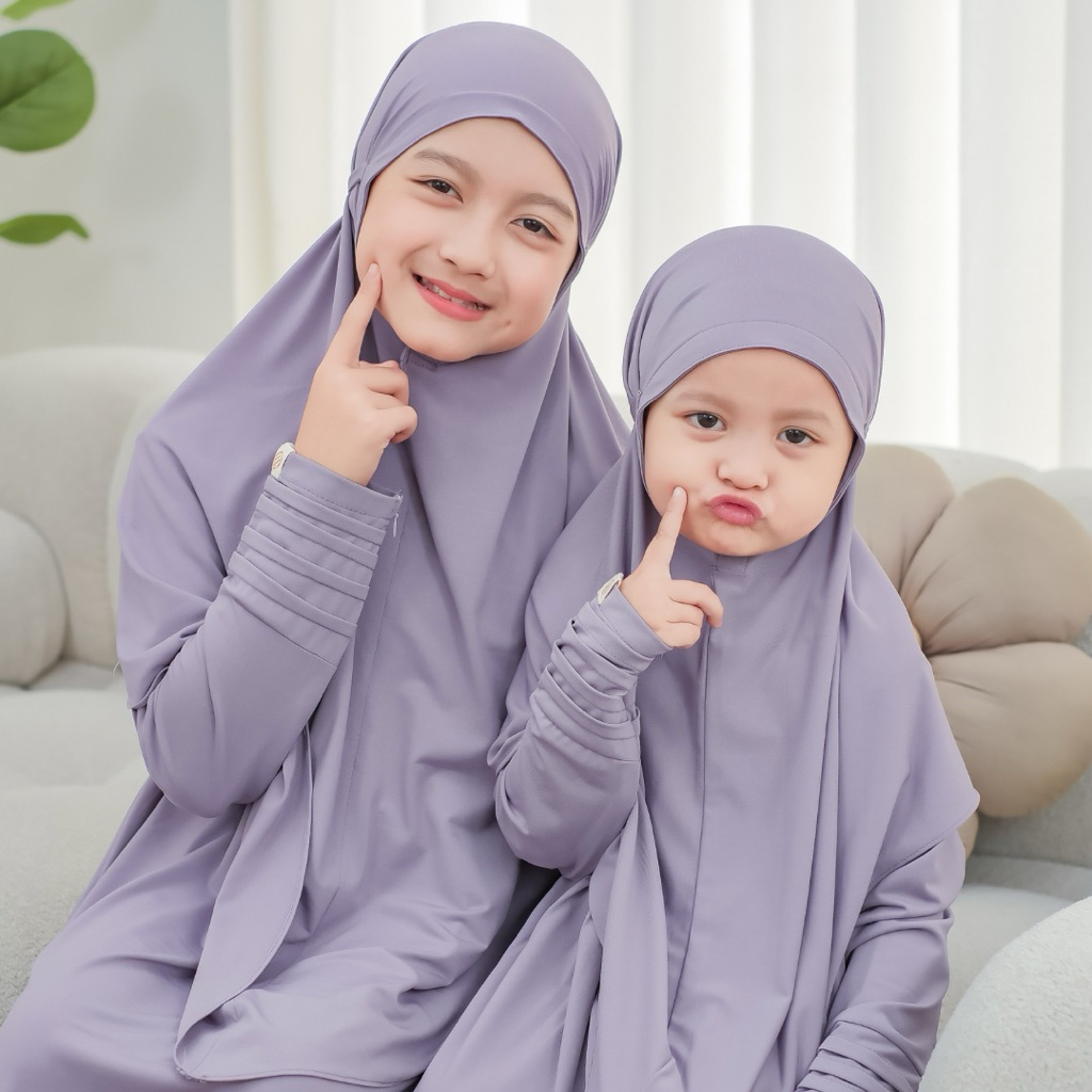 LITTLEMA -Gamis Baju Muslim Anak Perempuan Yasmin set Bergo Jersey Misty lilac polos umur 2-12 tahun