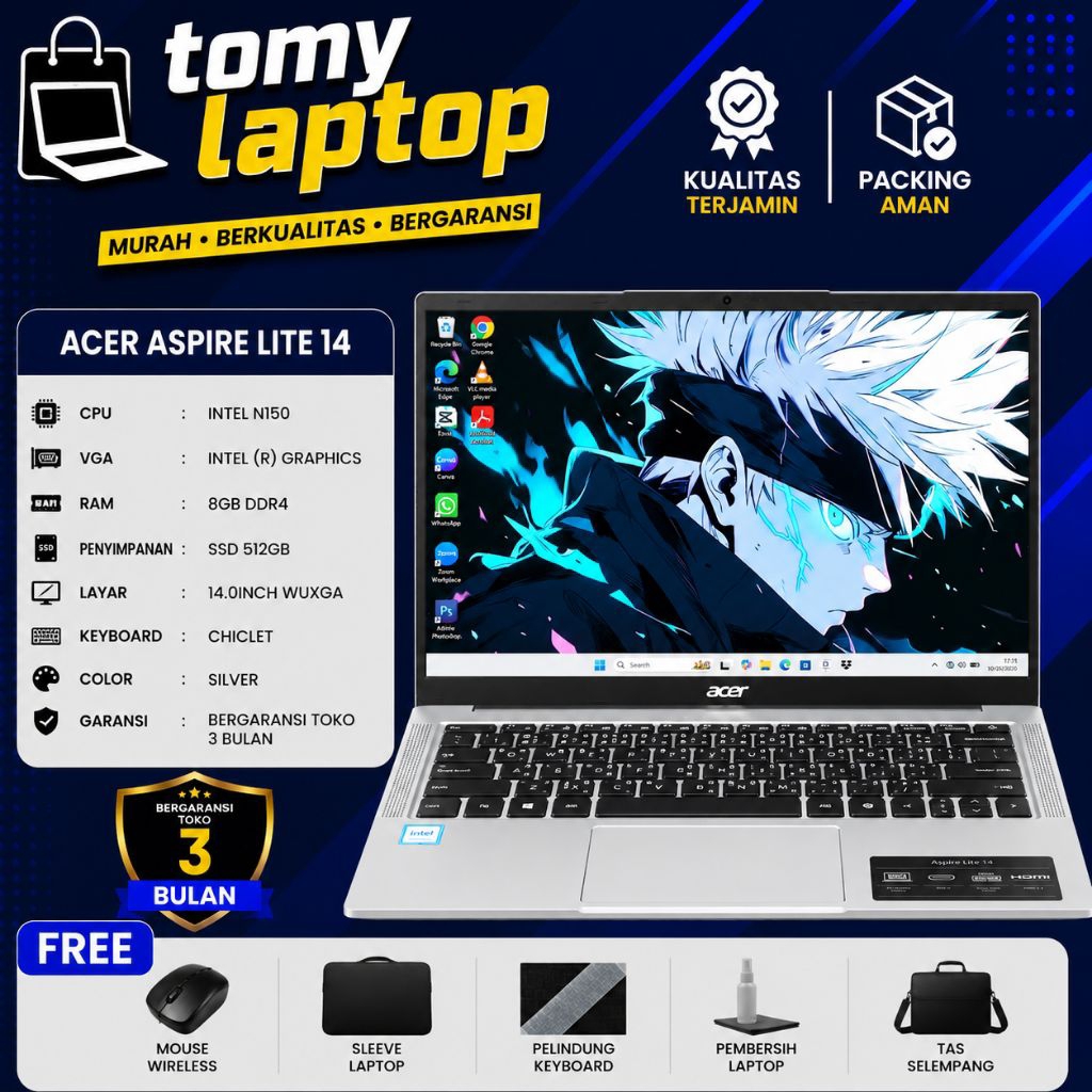 LAPTOP SECOND JAMINAN GARANSI TOKO ACER ASPIRE LITE 14 INTEL N150 INTEL (R) GRAPHICS RAM 8GB DDR4 SS