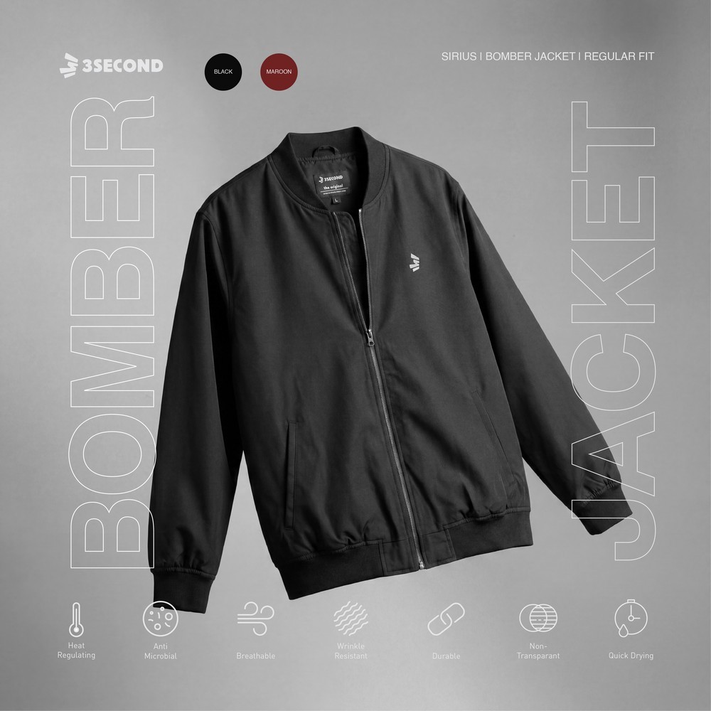 3Second Bomber Pria Jaket Bomber Pria Regular Fit Bahan Taslan Warna Hitam Pria Regular Fit Taslan S