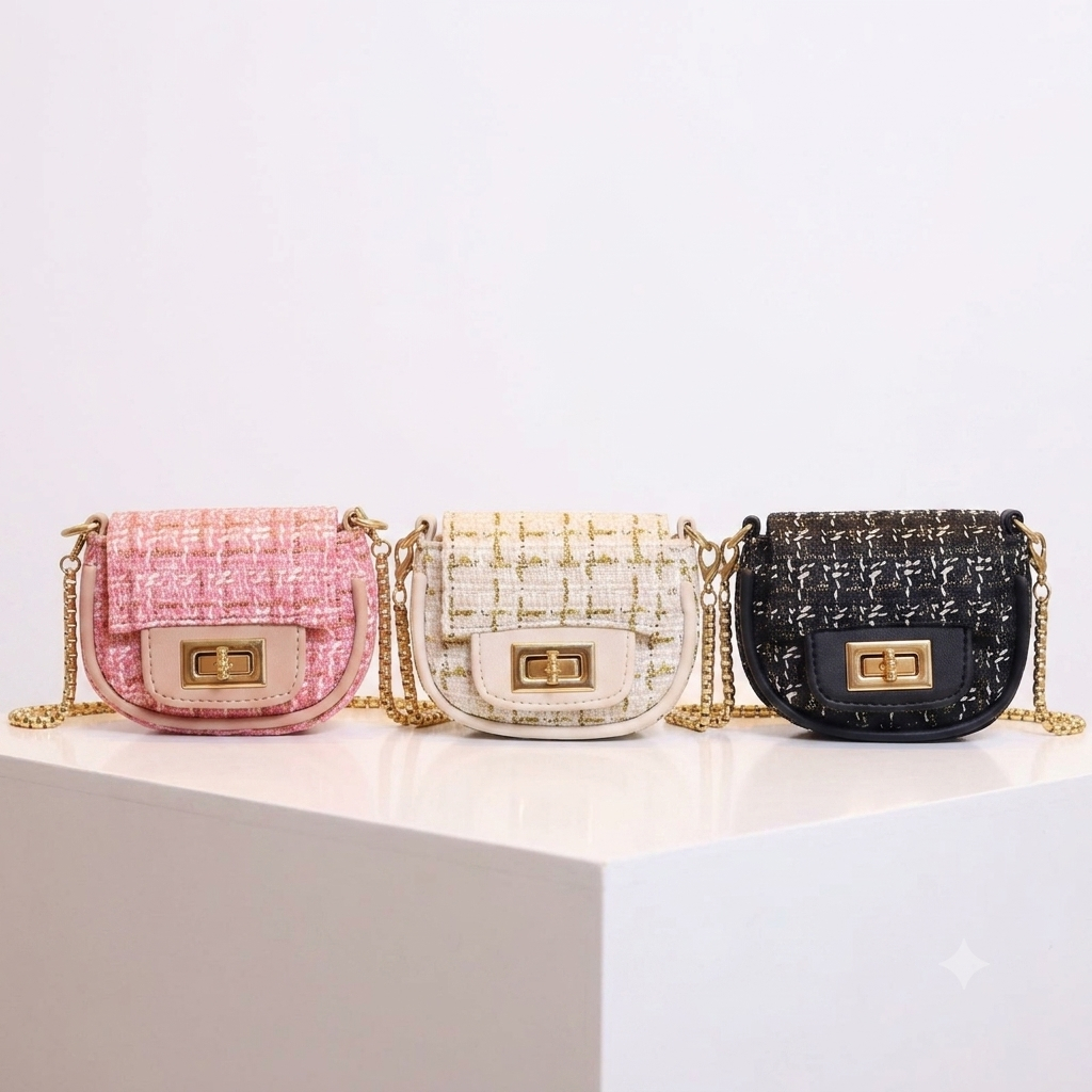 Tas Mini Tas Koin Tweed-Slempang Wanita Tali ulir Top Mini