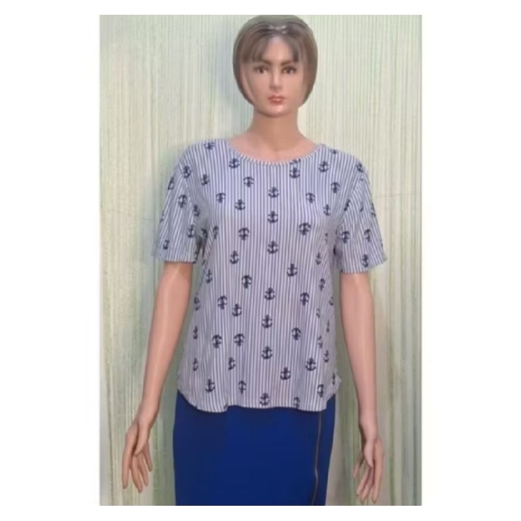 blouse blus wanita salur biru putih motif jangkar lengan pendek