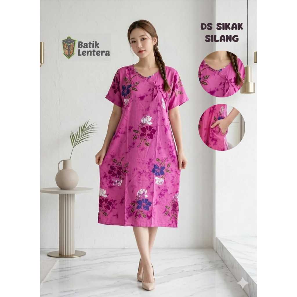 Daster Baju Tidur Batik Lentera Sikak Silang Pita Rayon Premium Motif Bunga Sunan Terbaru Lembut Kek