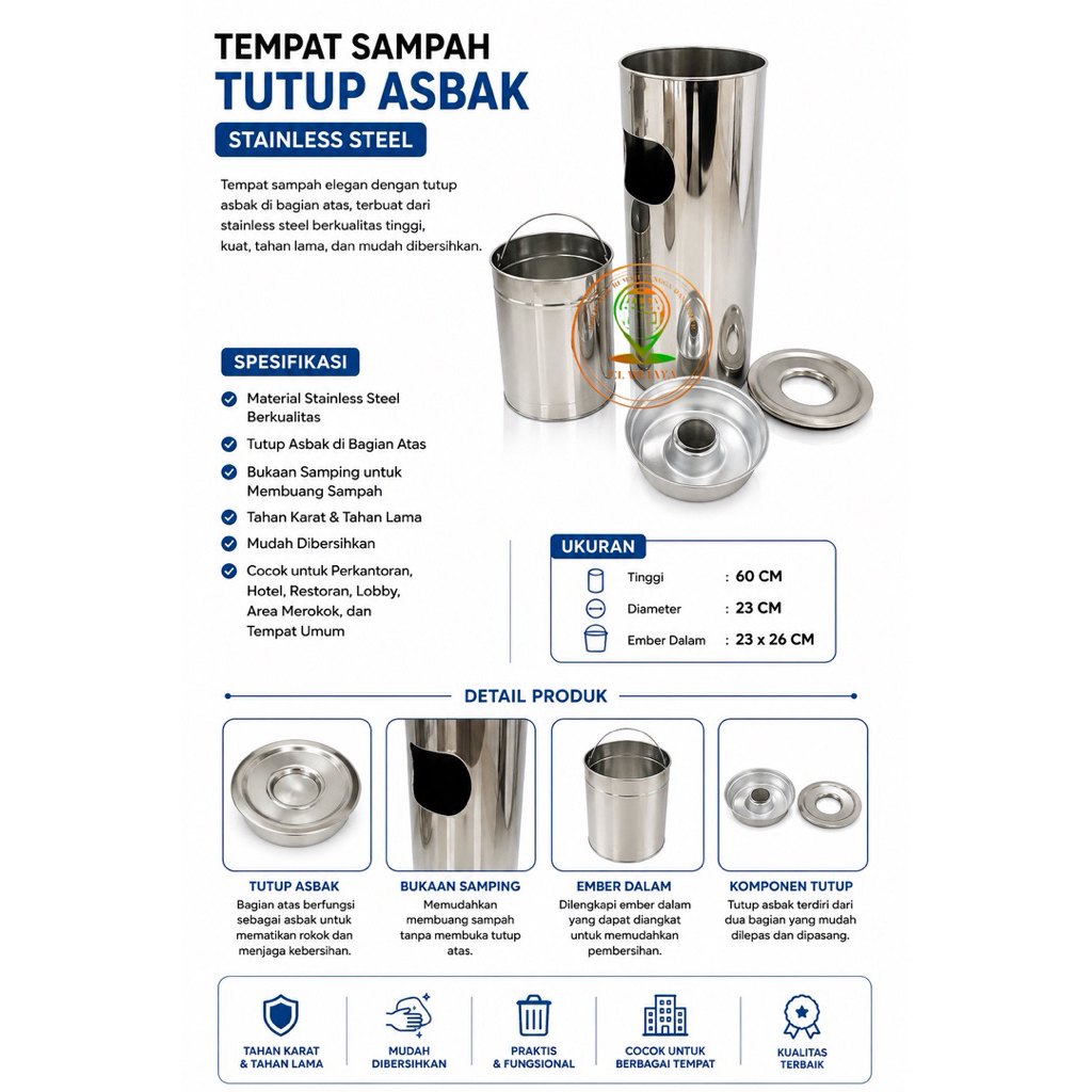 Tempat Sampah Asbak 60cm Stainless steel/ tempat sampah jumbo goyang / gratis ember sampah