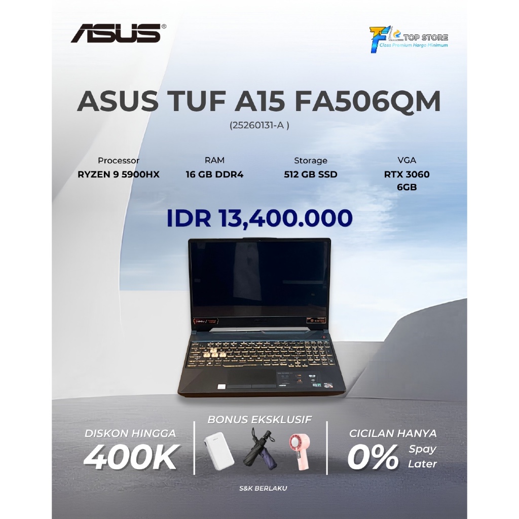 LAPTOP ASUS TUF GAMING A15 FA506QM AMD RYZEN 9 5900HX RAM 16GB SSD 512GB RTX 3060 6GB RGB AURA