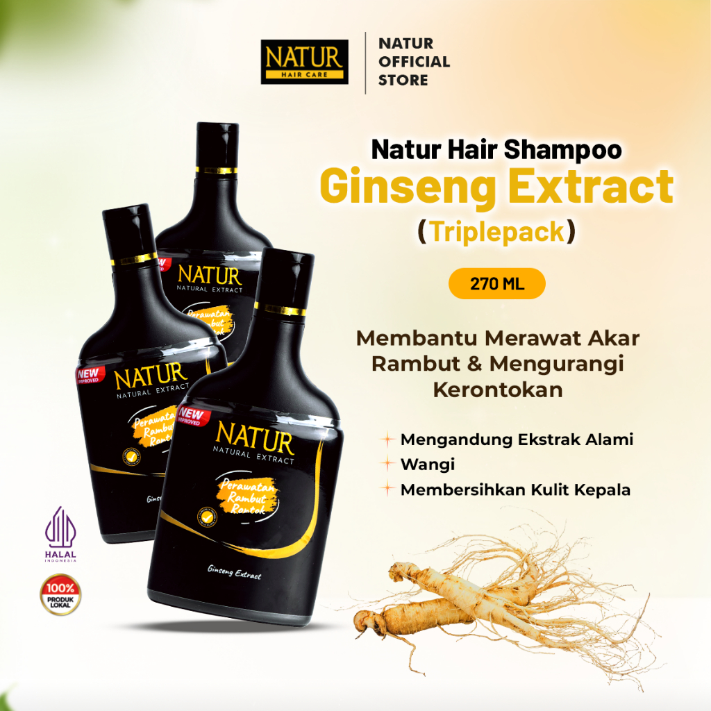 Triple Natur Shampoo Extract Ginseng 270 ml - Paket Sampo Rambut Rontok 3 pcs / Anti Hair Fall / Men