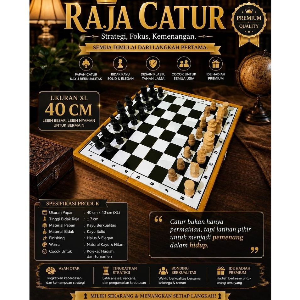 RAJA CATUR Papan Catur Lipat Kayu 40cm Set Catur Lengkap Premium