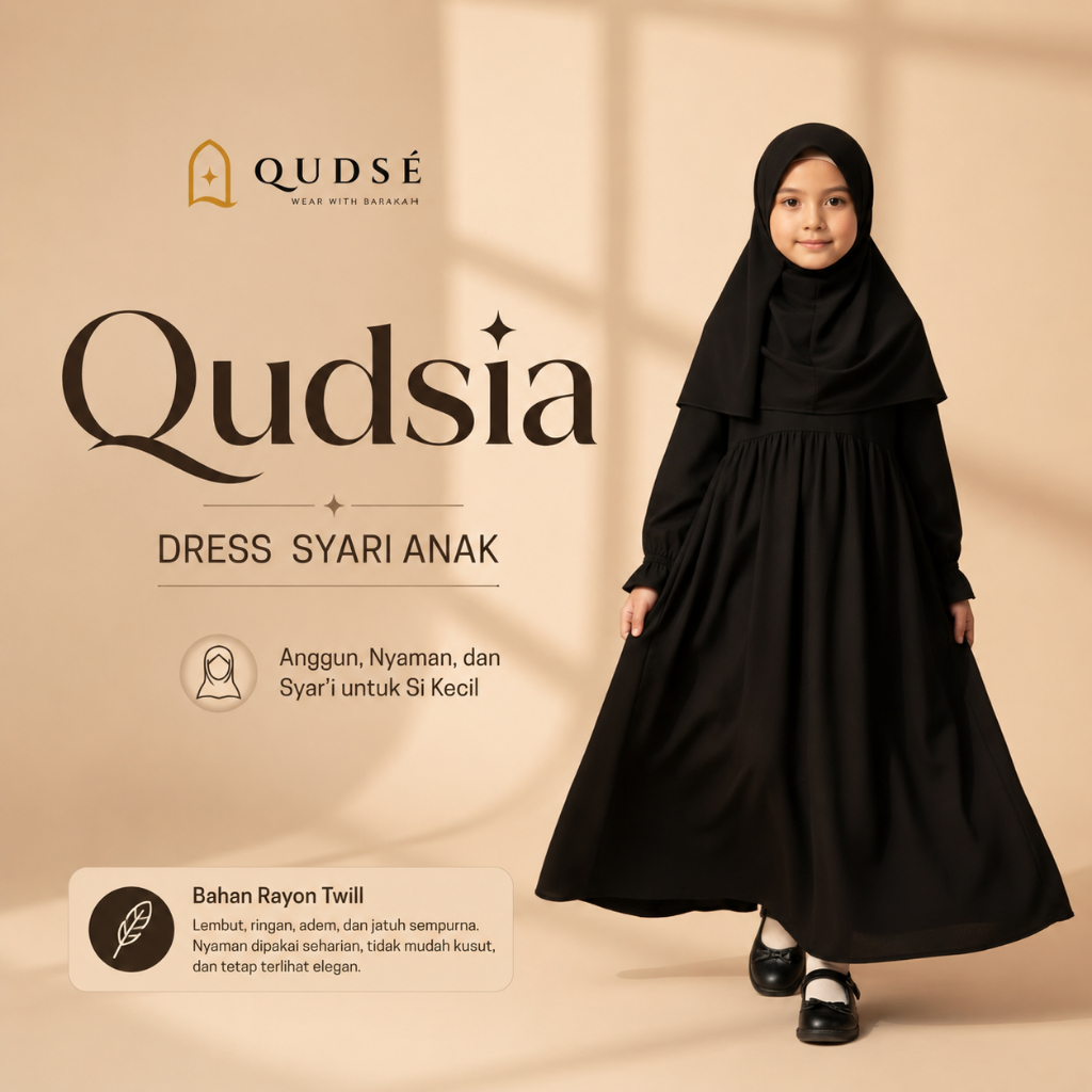 Qudse Gamis Anak Syari Bahan Rayon Twill Black Usia 3 - 12 Tahun Dress Perempuan Qudsia Series