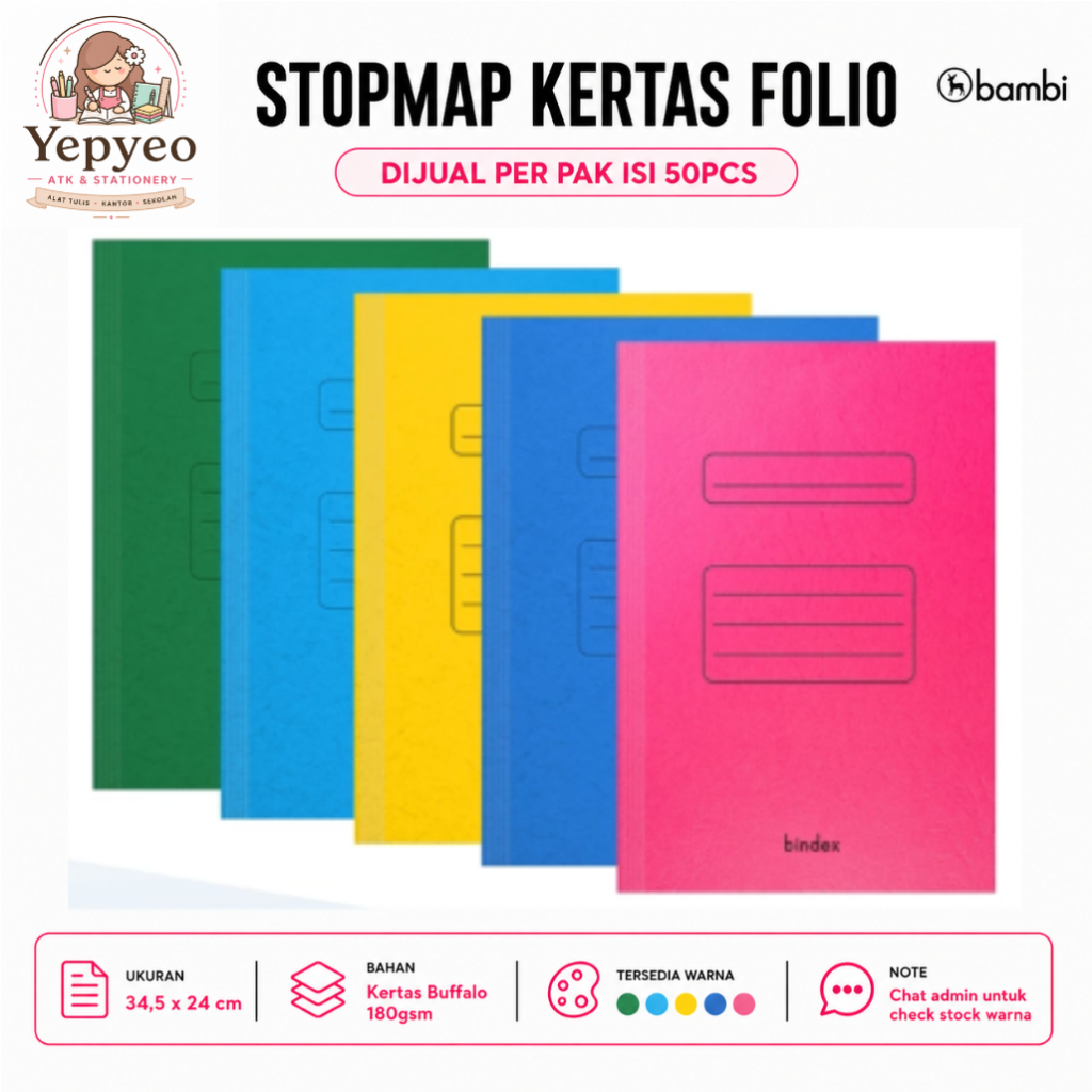 Stopmap Kertas Folio F4 Bindex Biru Hijau Kuning Merah Tebal 180 Gsm