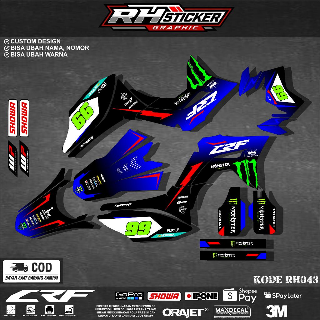 Decal Sticker crf 150 L / Decal crf Motif Monster custom Full Body Super Glosy