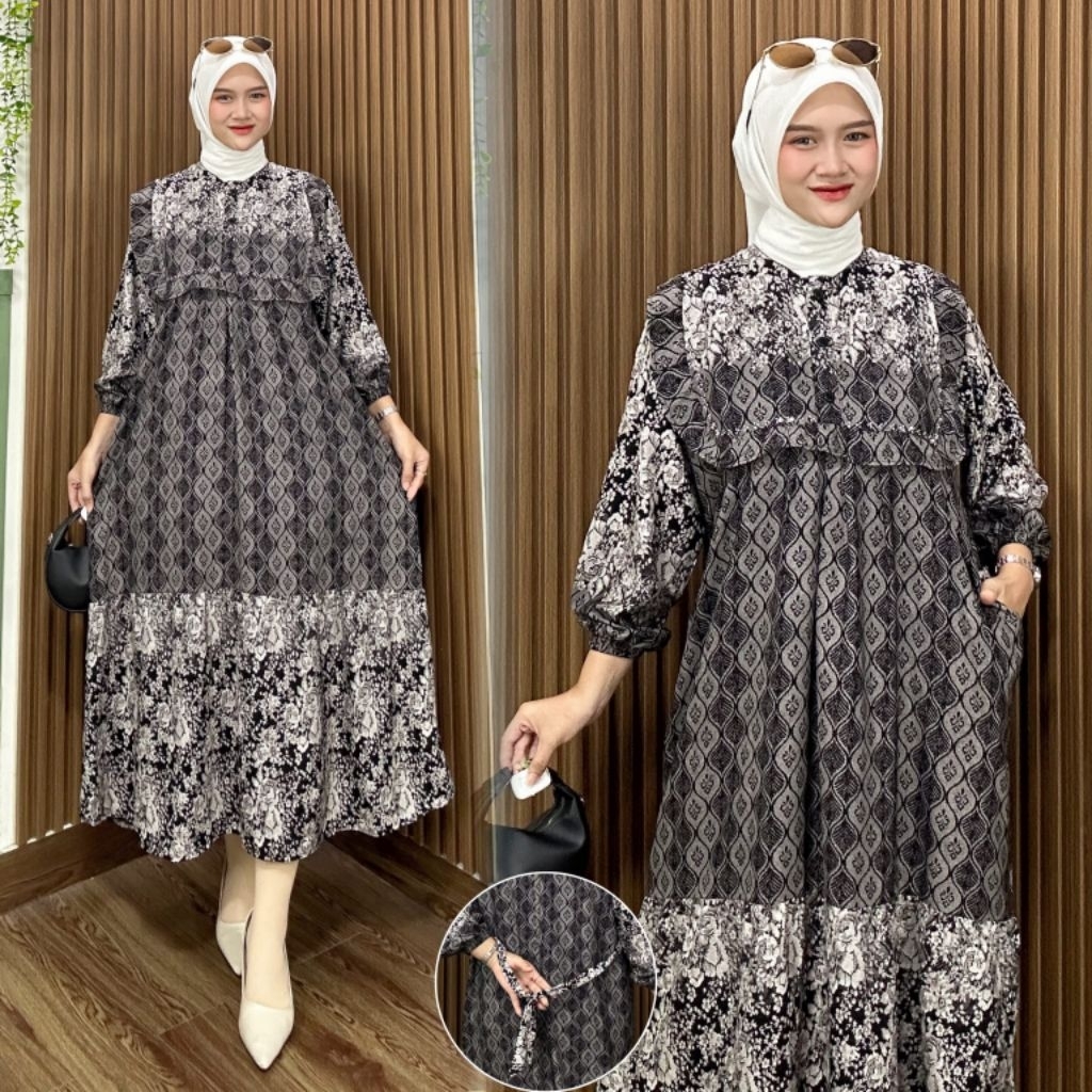 Midi Dress Terbaru Motif Bunga Premium