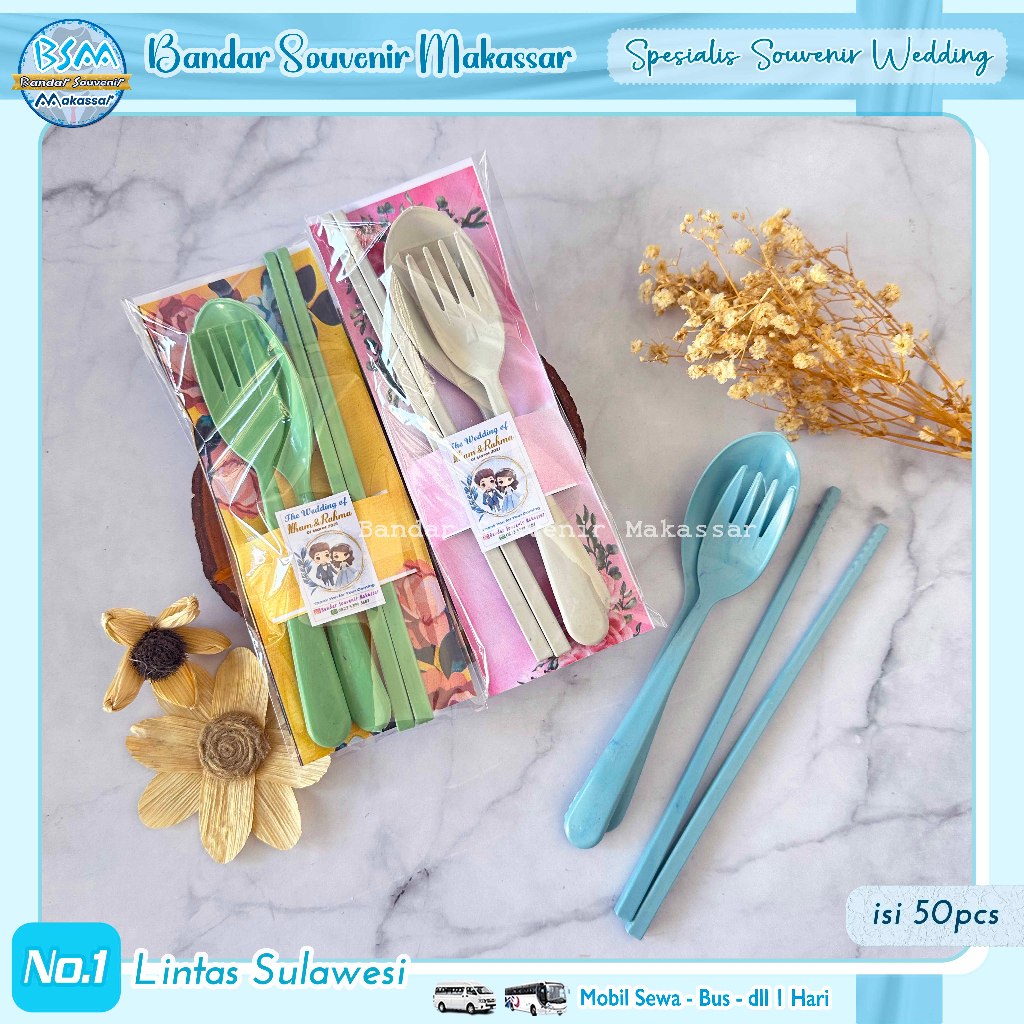 ( isi 50 pcs ) Souvenir Sendok Garpu Sumpit LOKAL Set Travel Kemas ALAS Kartu Ucapan Makassar Manado