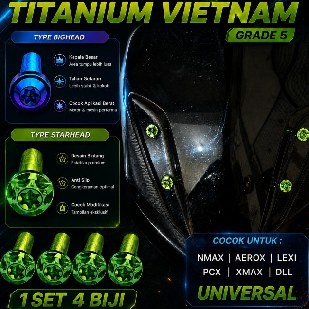 Baut Visor ALL Aerox old Aerox  ABS New GRADE 5 Titanium Vietnam isi 4biji