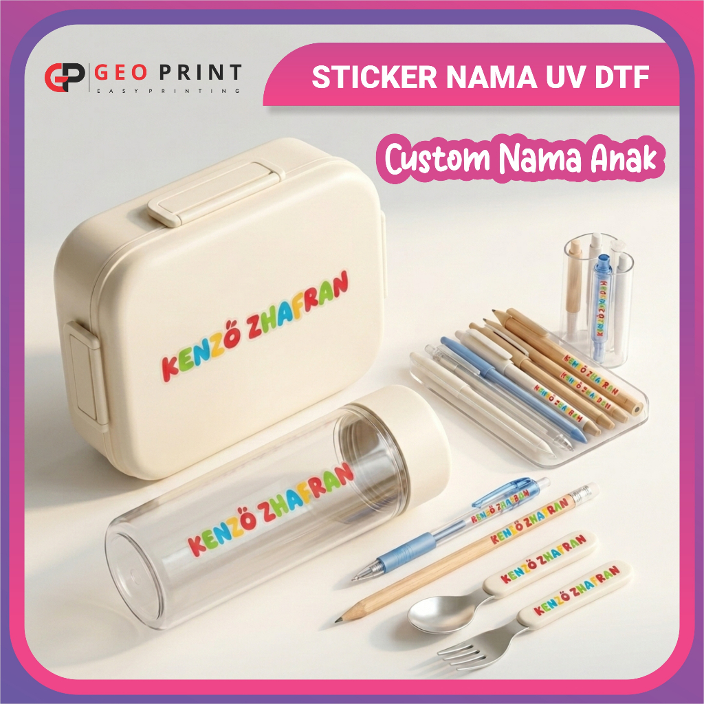 Sticker UV DTF Custom Nama Anak Untuk ATK dan Perlengkapan Sekolah Anak