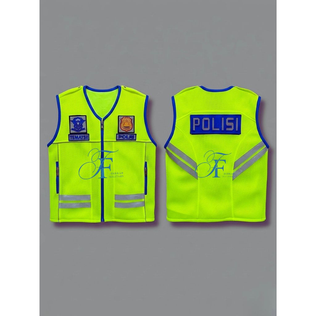 Rompi Jaring Polisi / Rompi Safety Lalulintas Premium (Hijau Stabilo - Biru)