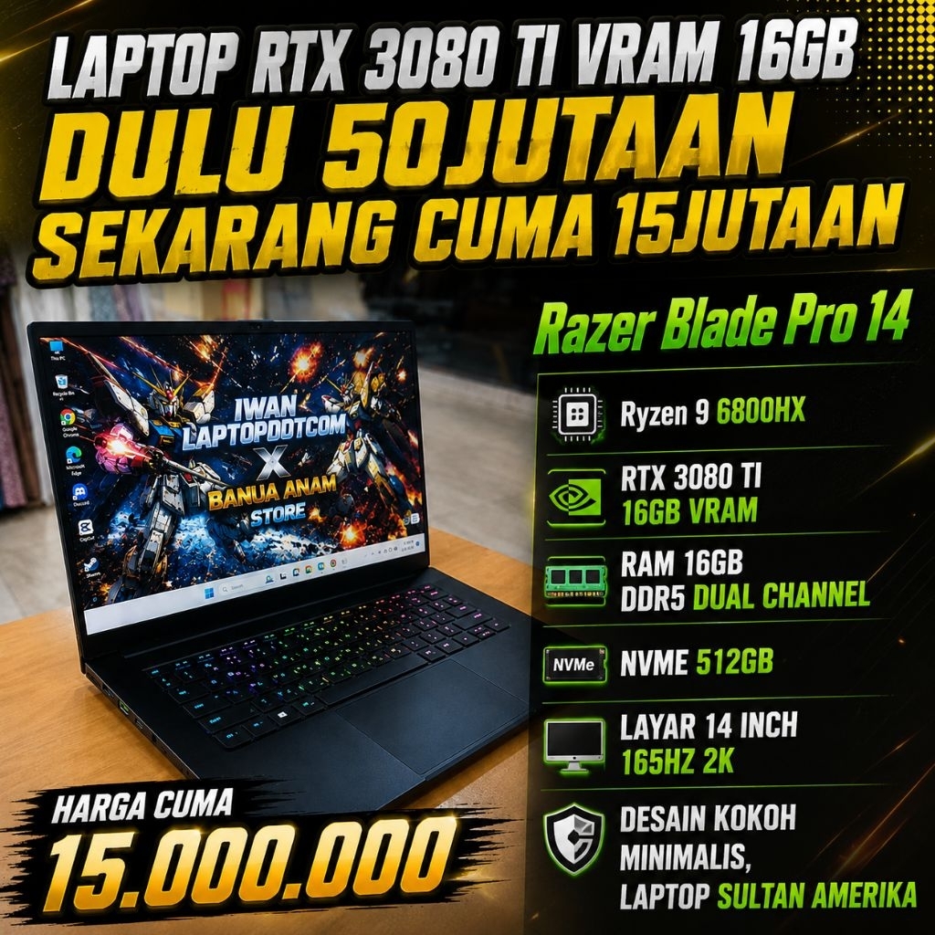 RAZER BLADE 14 RTX 3080TI VRAM 16GB RYZEN 9 6900HX LAYAR 2K 165HZ 16/1TB - GAMING DAN RENDERING - LA