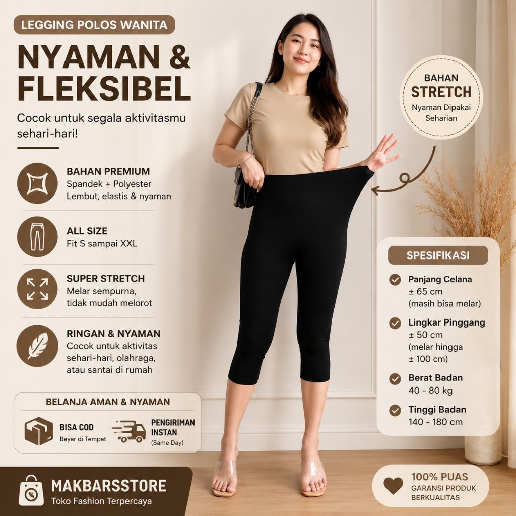 Legging Polos Wanita All Size S-XXL | Celana Legging Stretch Jumbo BB 40-80KG | Bahan Spandek Polyes