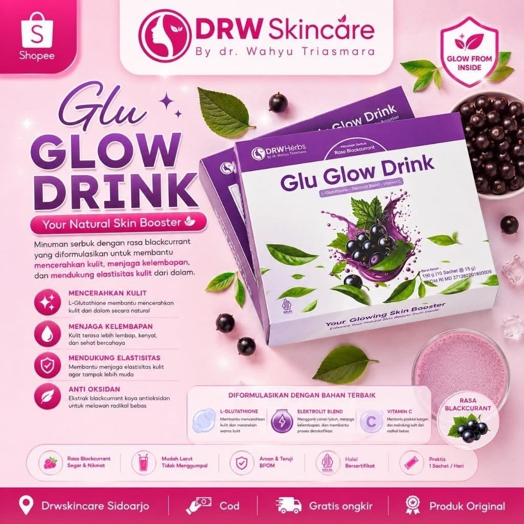 Glu Glow Drink Drw & Flimeberry Minuman Serbuk Rasa Blackcurrant dengan L-Glutathione Elektrolit Ble