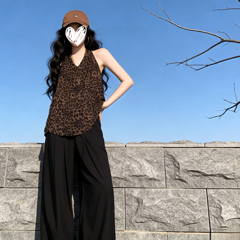 Tank Top Atasan Wanita Halter Leopard Print V-Neck Retro Backless Tanpa Lengan Loose Fit Versatile T