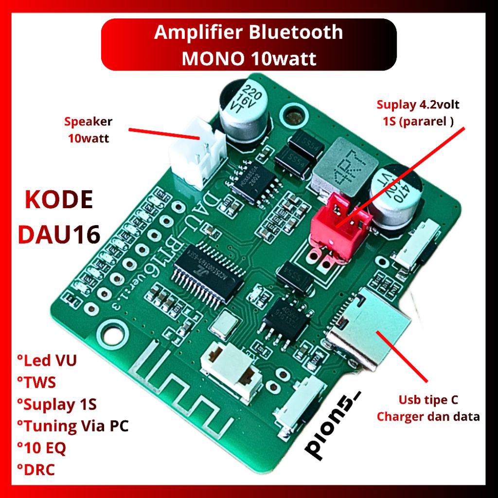 KODE DAU16 _ Amplifier MONO 10-15watt Bluetooth dsp jelly, TWS, LED VU