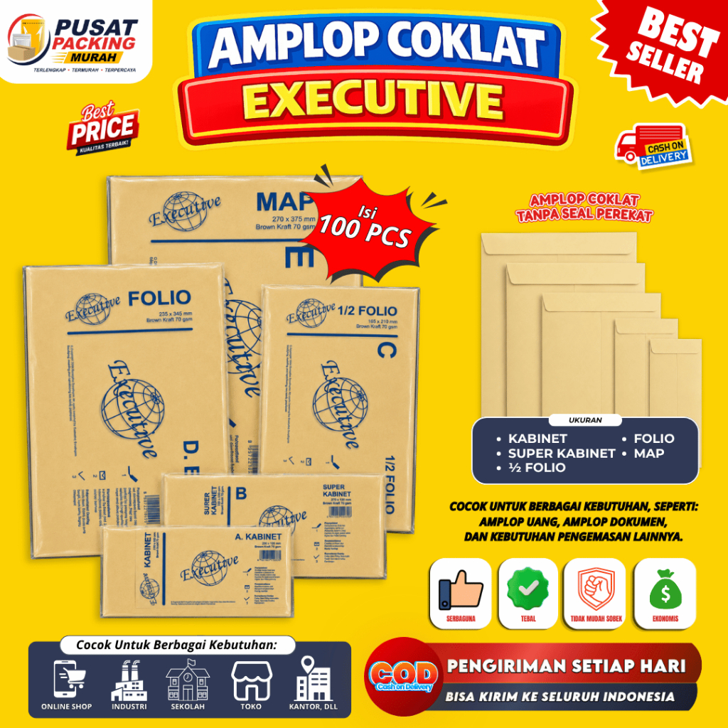 Amplop Coklat Isi 100 PCS | Ukuran Kabinet Super Kabinet Folio dan Map Envelope Cokelat Executive
