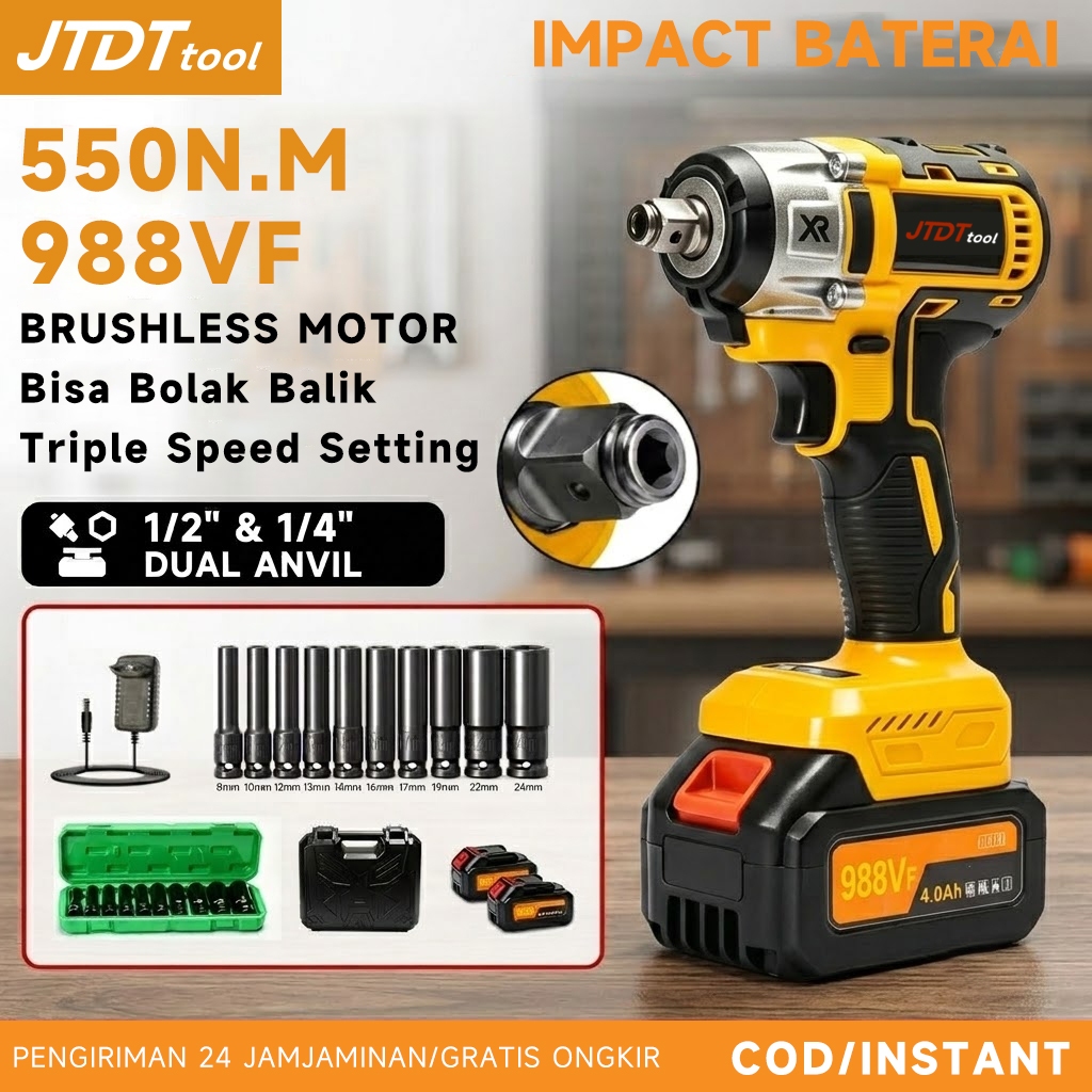550NM Impact Bor Baterai Brushless 988VF impact wrench 2baterai set bisa bolak balik mesin bor impac