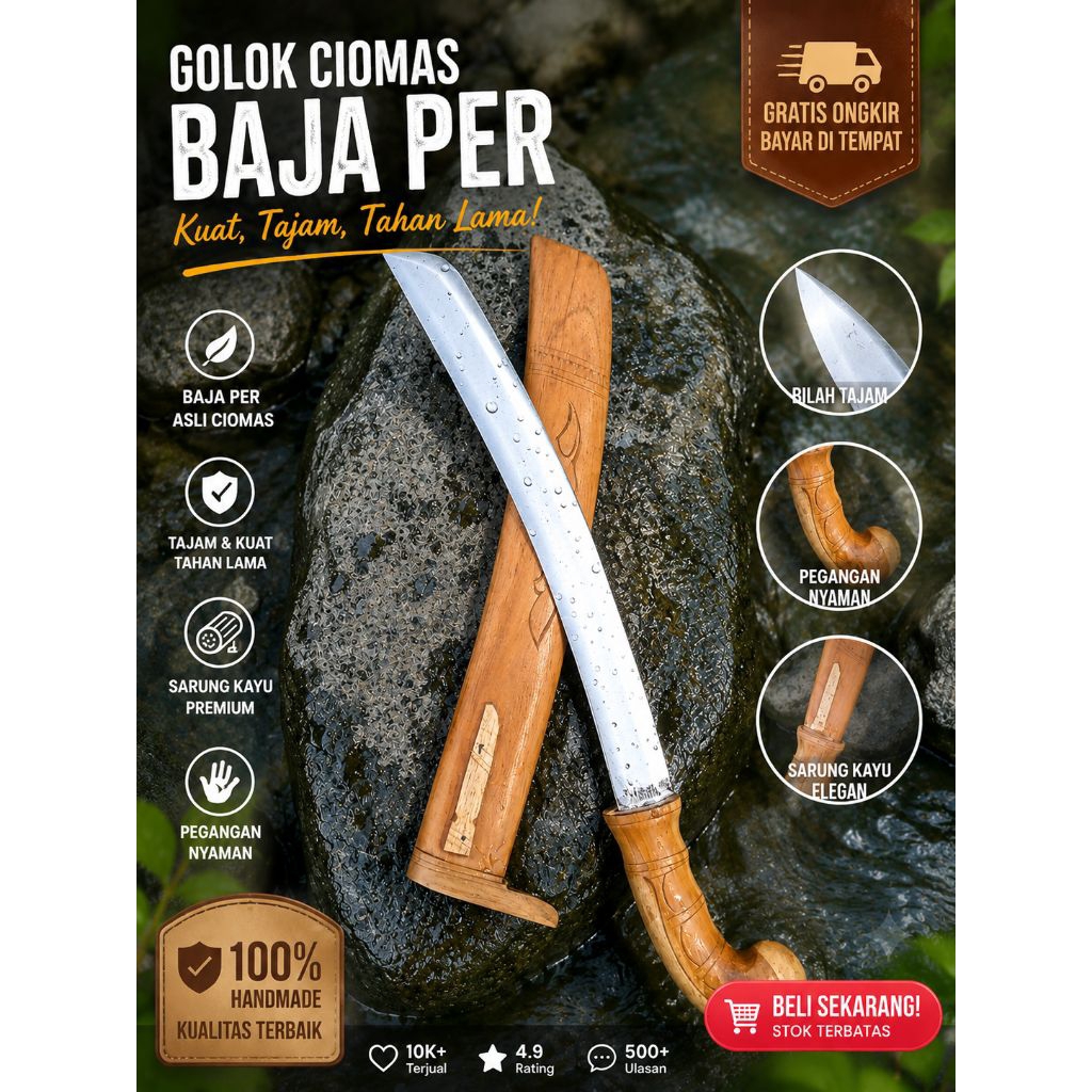 Perkakas Kebun Golok Ciomas Khas Jawa Barat Tradisional Bahan Baja Pilihan Multi Fungsi
