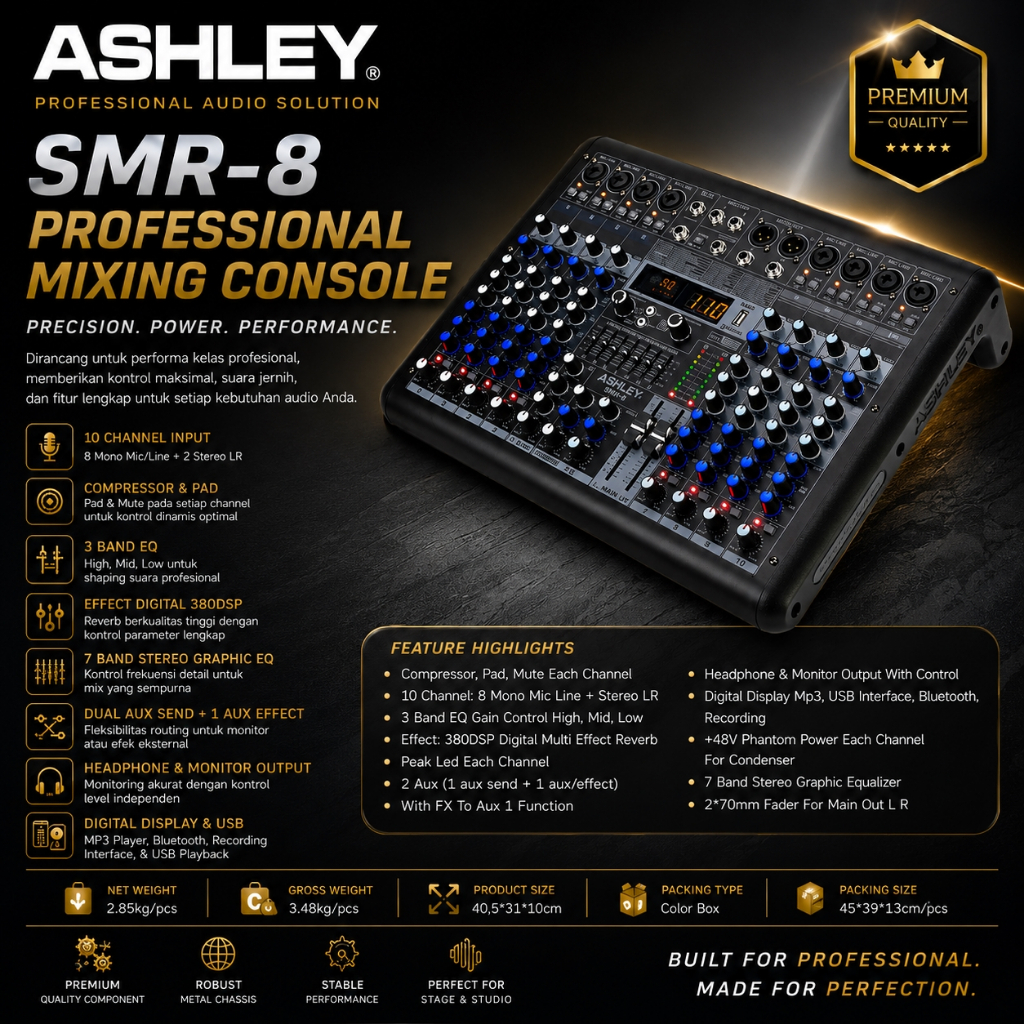 ASHLEY SMR-8 Professional Mixing Console | ASHLEY SMR 8 | Premium 10 Channel Mixing Console